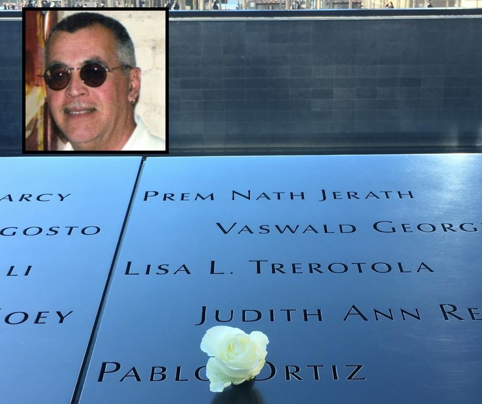 A white rose has been placed at the name of Pablo Ortiz on a bronze parapet at the Memorial. An inset image shows Ortiz smiling for a photo.