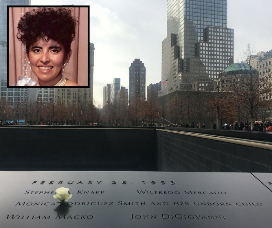The name of Monica Rodriguez Smith is seen etched on a bronze parapet at Memorial plaza. Smith was pregnant at the time of her death and the parapet also pays tribute to her unborn child. An inset image shows Smith smiling in an old photo.
