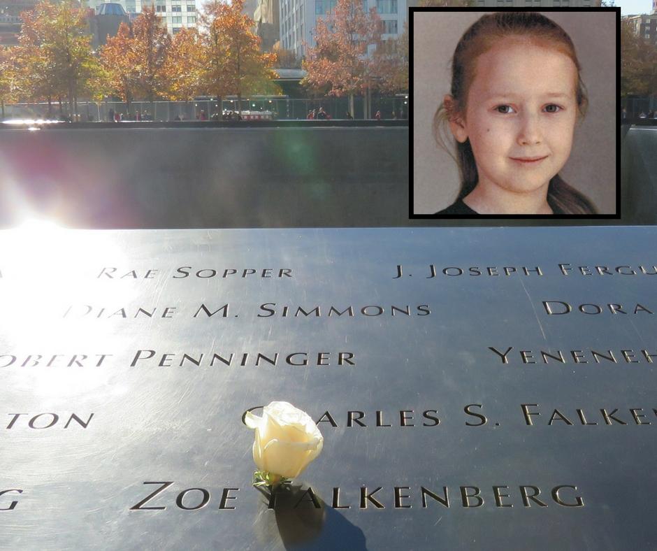 A white rose has been placed at the name of 8-year-old Zoe Falkenbug on the 9/11 Memorial. An inset photo of Falkenbug is in the right corner.
