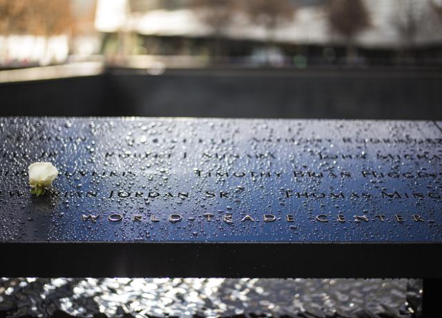 Water droplets cover the surface of a bronze names panel at the Memorial. A white flower has been placed at one of the names.