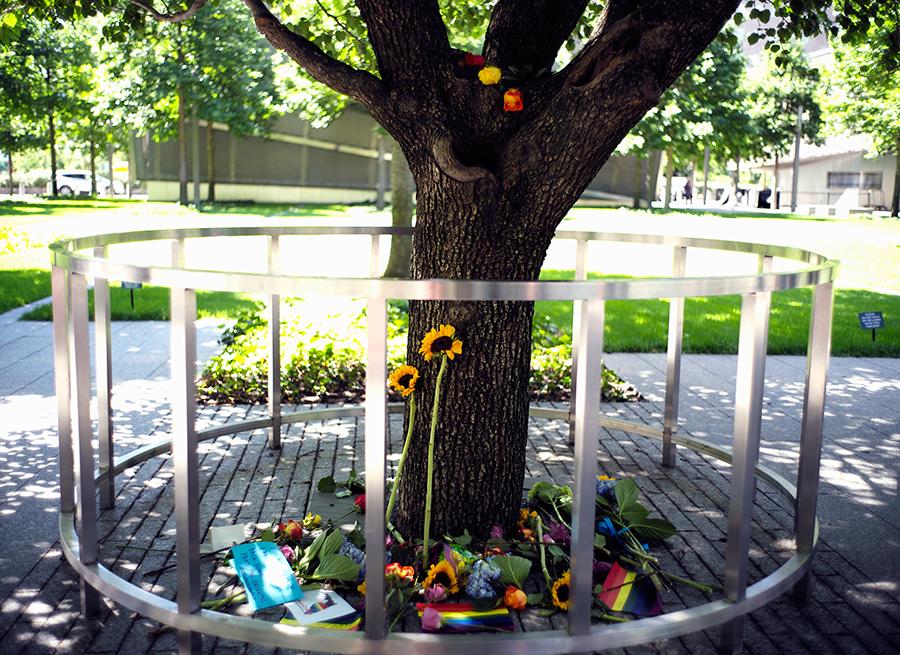 Flowers and tributes, including sunflowers and rainbow flags, have been placed at the base of the Survivor Tree on a sunny, summer day.