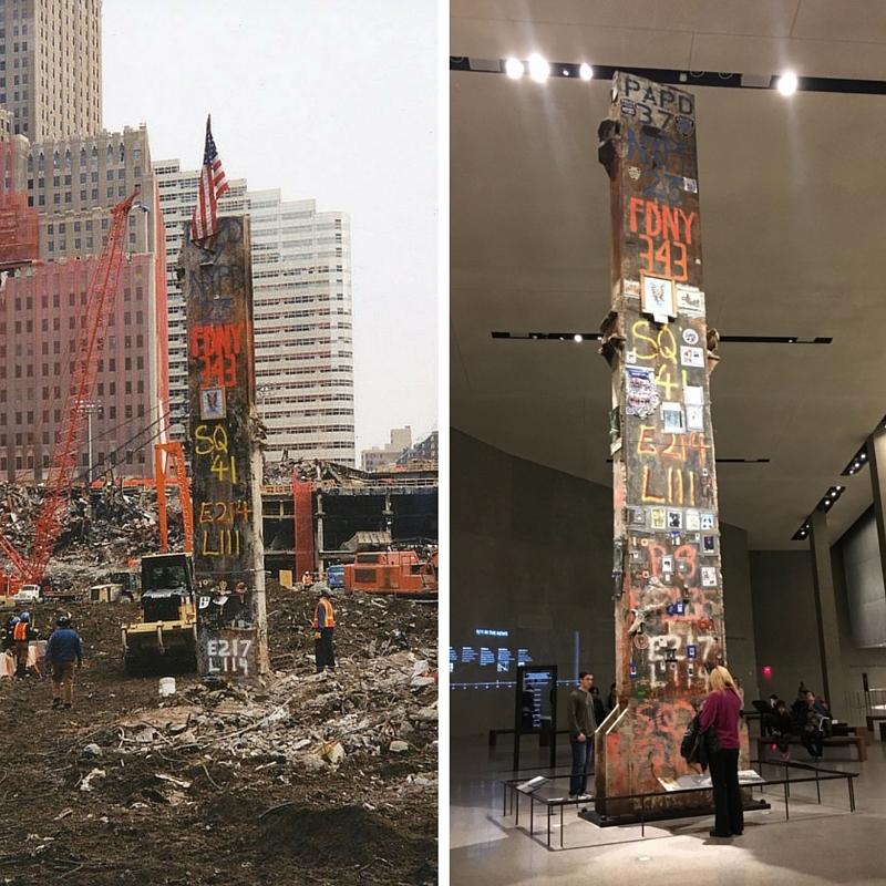 The Last Column stands in Ground Zero as recovery workers stand nearby. In an adjoining image, visitors observe the Last Column in Foundation Hall.