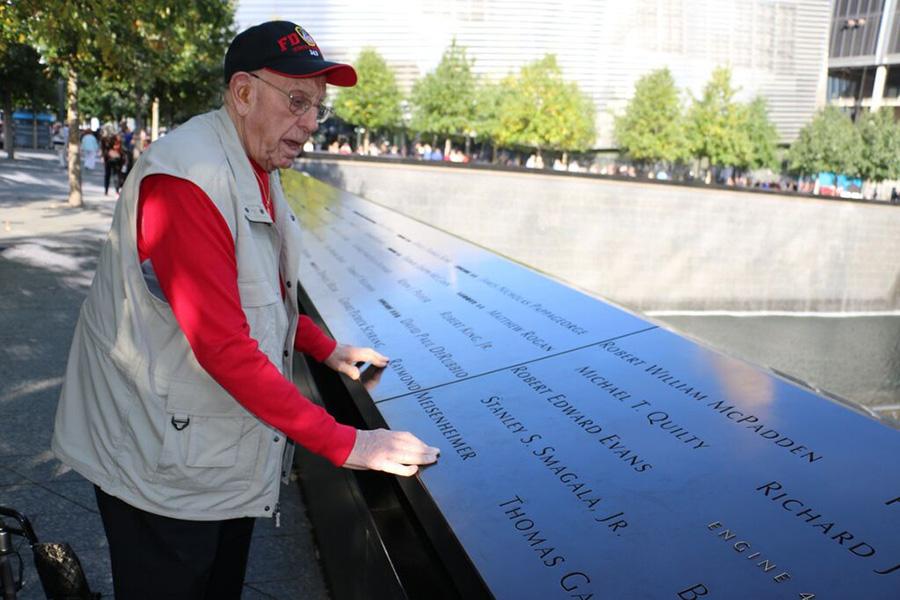 Rudy Meisenheimer stands at the south pool of the 9/11 Memorial, where his son’s name is inscribed on the bronze parapets.