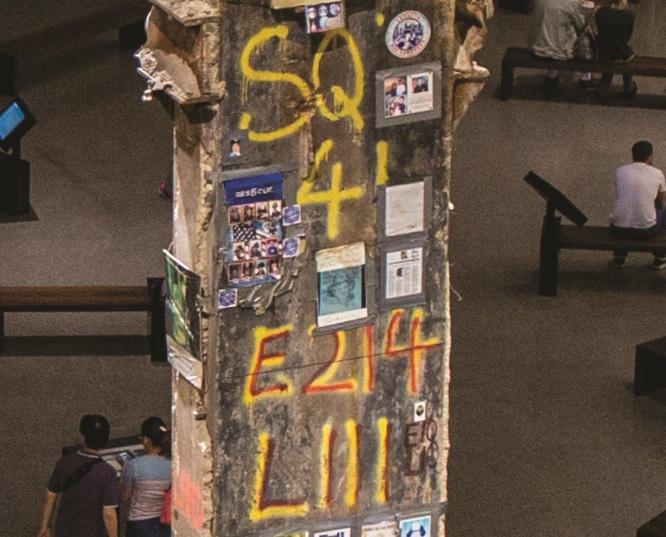 A close-up of the Last Column shows tributes added to the concrete beam by first responders. Among these are images of victims and fire patches. Visitors to the Museum can be seen sitting on benches in the background.