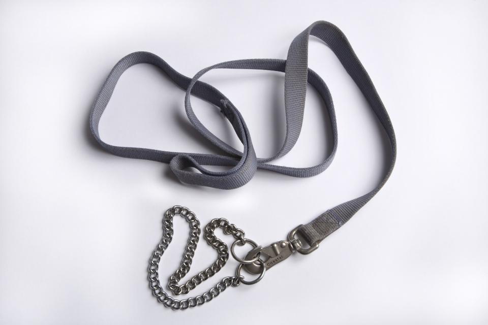 A leash belonging to Lt. David Lim, whose canine partner was Sirius, is displayed on a white surface at the Museum.
