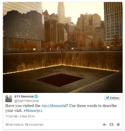 A screenshot of the 9/11 Memorial & Museum’s Twitter page shows the north reflecting pool and the message: “Have you visited the 911 Memorial? Use three words to describe your visit.”