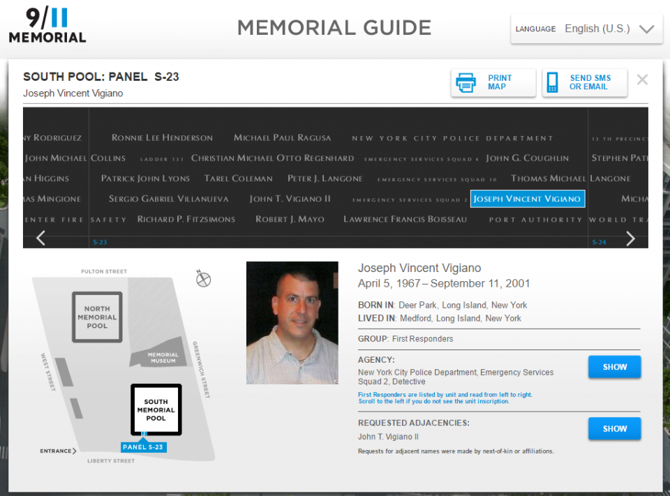 NYPD member Joseph Vigiano’s portrait and profile are seen on the Museum’s Memorial Guide.