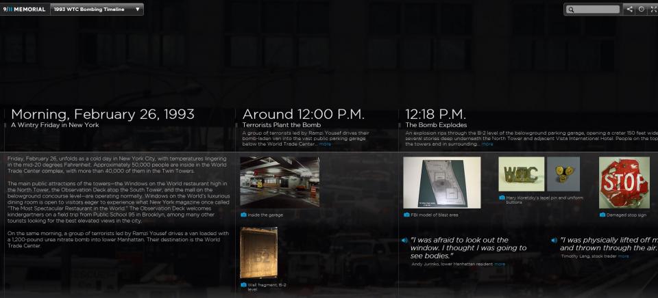 This screenshot shows a part of the interactive timeline documenting the 1993 World Trade Center bombing.