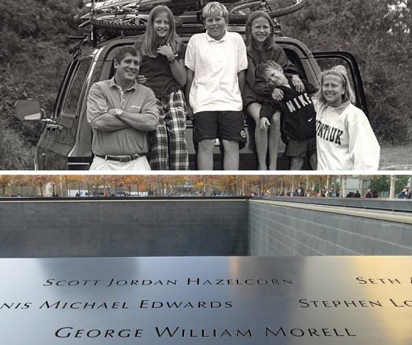 George William Morell, his wife, and four children pose for a photo during a trip to Hither Hills, New York, in August 1999. In a second image below, Morell’s name is seen on the 9/11 Memorial.