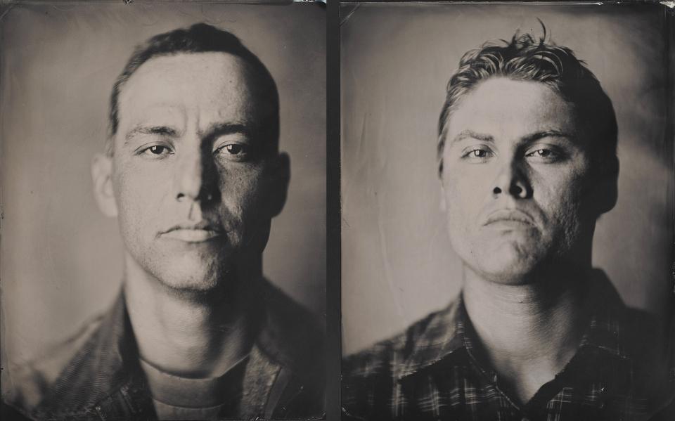 Black-and-white tintype photographs depict two Mohawk ironworkers.