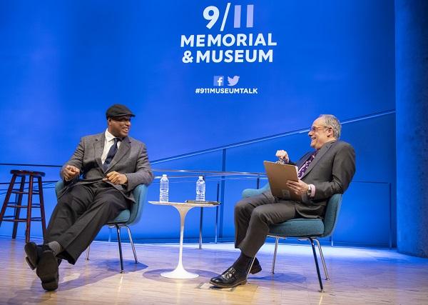 Former New York Yankees player Bernie Williams speaks to Cliff Chanin, the 9/11 Memorial Museum’s executive vice president and deputy director for museum programs, while onstage at the auditorium.