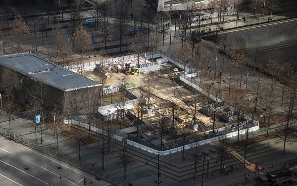 An aerial view shows the 9/11 Memorial Glade being constructed on Memorial plaza.