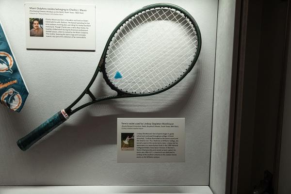 The tennis racket of equity research analyst Lindasy Stapleton, who worked on the 89th floor of the South Tower, is displayed at the In Memoriam gallery at the Museum.