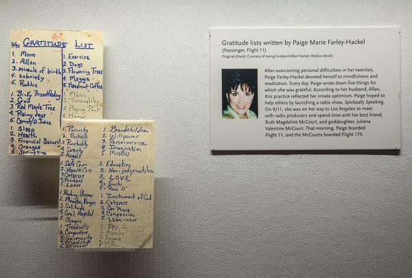 Paige Farley-Hackel’s gratitude list is shown in a display case at the In Memoriam Gallery.