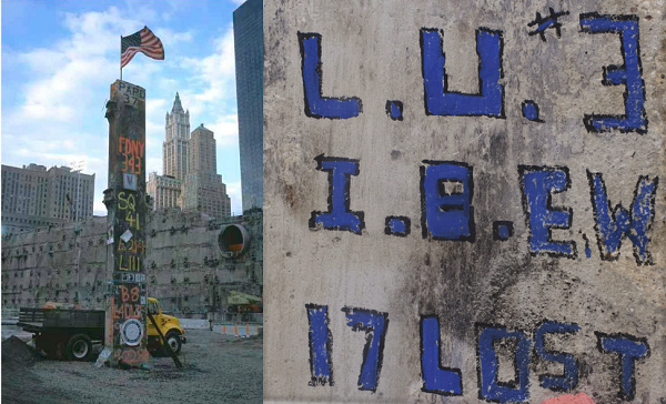 A historical photo shows the Last Column on a sunny day at Ground Zero in the months after 9/11. A closeup image of the last column references Electrical Workers Local Union 3, with the message “17 lost.”