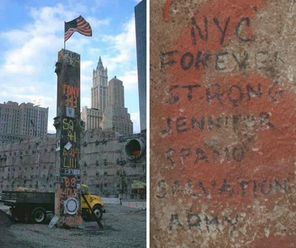 This two part image shows the Last Column standing at Ground Zero and a closeup of the “NYC Forever Strong” marking on the Last Column.