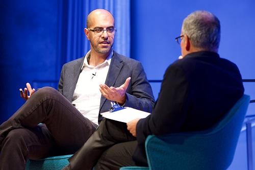 Author Haroon Moghul speaks with Clifford Chanin, executive vice president and deputy director for museum programs, onstage during a public program at the Museum auditorium.