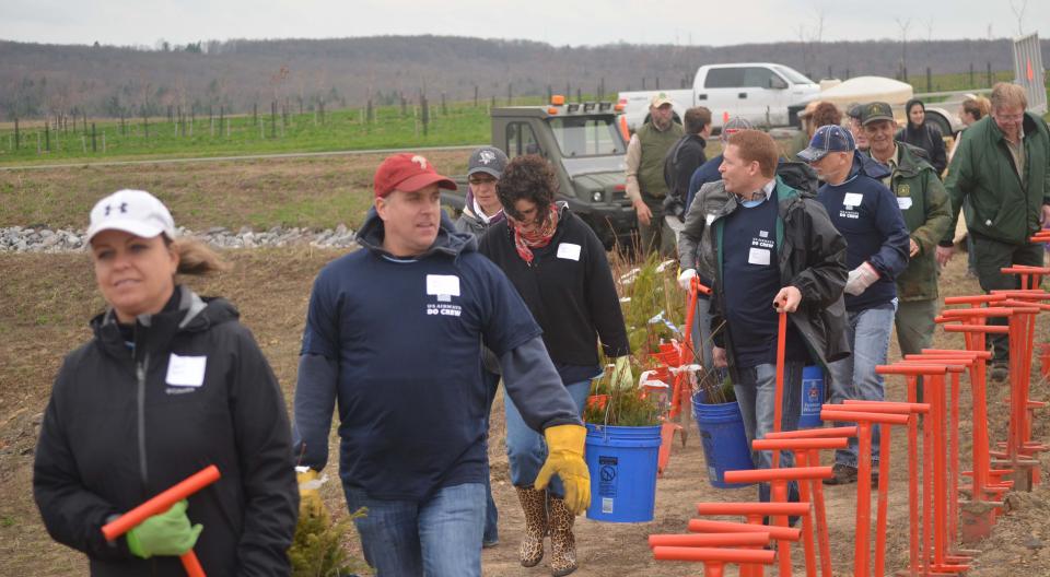 Volunteers walk in the field where Flight 93 crashed while planting 11,000 seedlings. Some of them are carrying the seedlings in buckets. A row of orange shovels are stuck in the ground beside the volunteers.