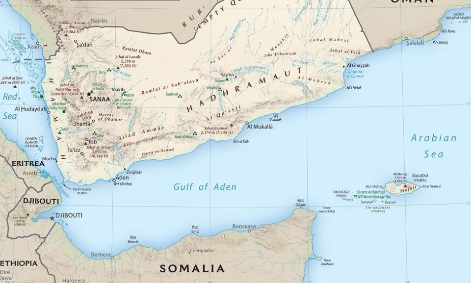 A political map shows Yemen and the greater Gulf of Aden.
