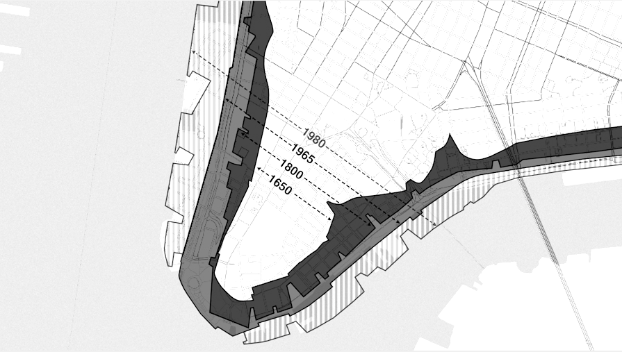 A black-and-white map of lower Manhattan that shows the encroaching water from the Hudson River and East River on either side.