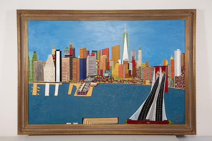 The painting “Freedom New York” by artist Frank Dammers is seen mounted on a wall. The painting depicts lower Manhattan, including Pier 17, the Brooklyn Bridge and One World Trade Center.