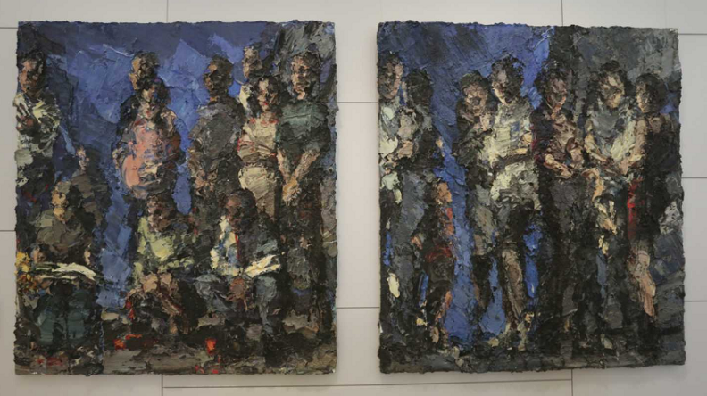 Oil on canvas diptych painting by David Stern titled "The Gatherings," 2001-2002. The painting depicts abstract human figures gathered together.
