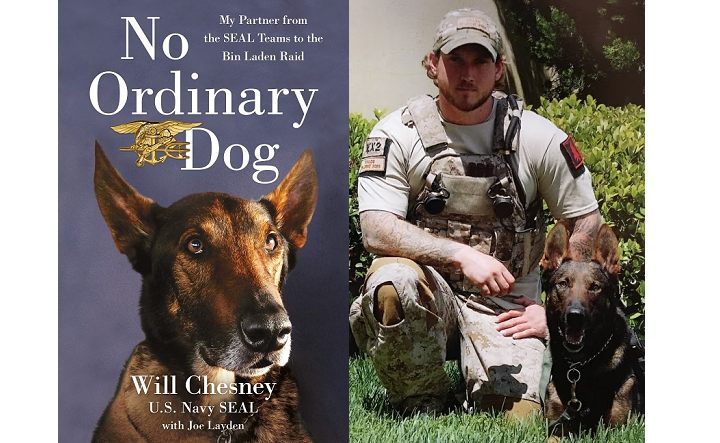 A composite image of a book cover for "No Ordinary Dog" and a photograph of Will Chesney kneeling in fatigues next to Cairo, a Belgian Malinois.
