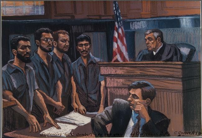 A courtroom sketch depicts four defendants awaiting sentencing by a judge, who looms in the top-right corner.