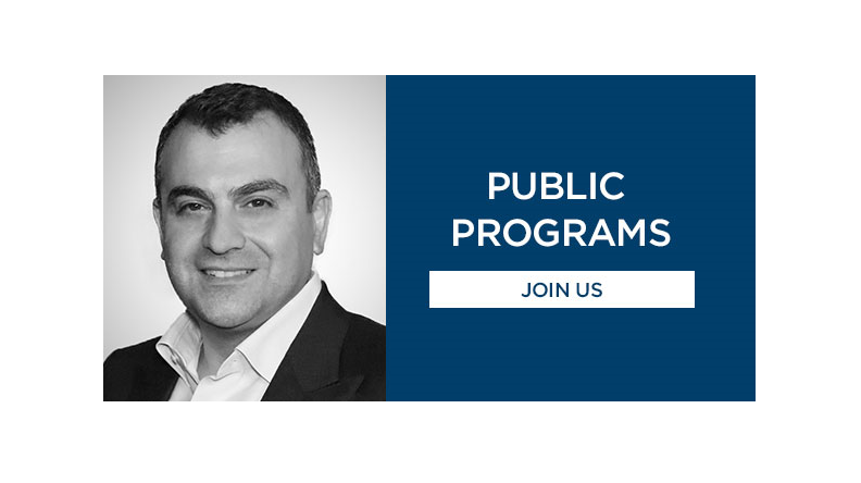 This composite image is comprised of a black-and-white professional headshot of Soufan, wearing a sport jacket and white button down on the left, and a navy blue background with "PUBLIC PROGRAMS JOIN US" written in white lettering to the right.