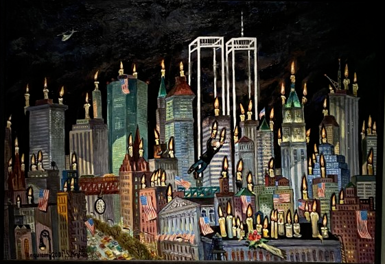 The painting shows the Twin Towers as ghostly figures, appearing just as white outlines of the iconic structure.   The ghostly structure is surrounded by colorful and whimsical buildings which are adorned with candles.