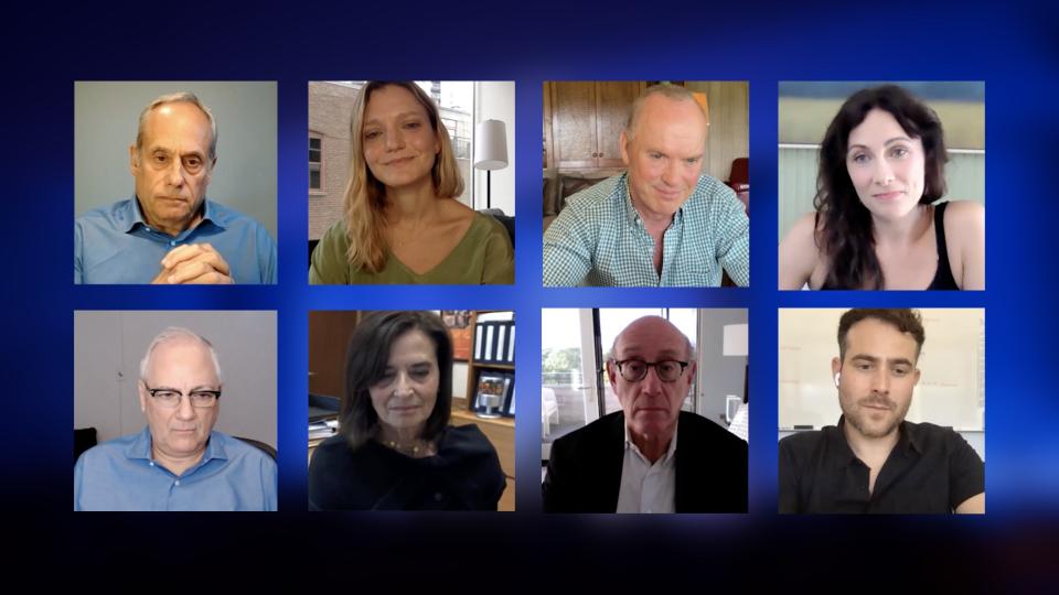 A composite image on a blue background of eight public program participants on a Zoom call.