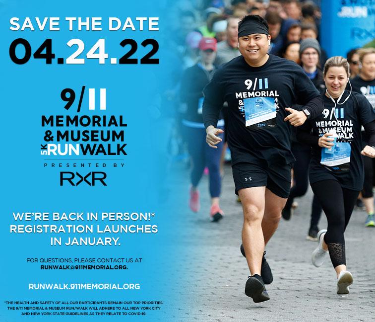 Right: Smiling runners mid-step, wearing dark branded 9/11 Museum tees. Left: Copy provides details of the 5K Walk/Run.